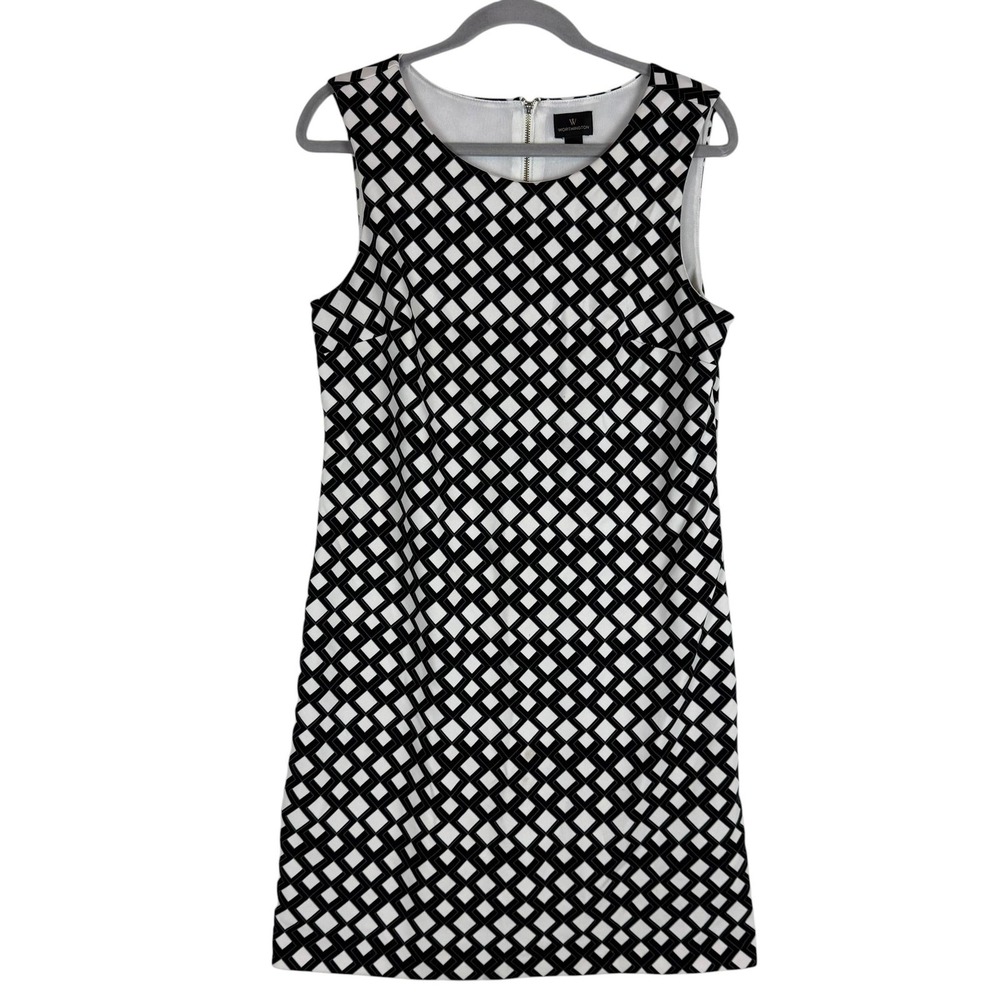 Worthington Dress Womens M Black White Geometric Sheath Sleeveless Knit Zip Back